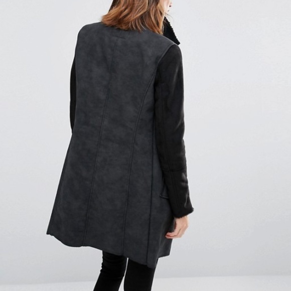 Long Faux Shearling Contrast Biker Coat by Only - Picture 3 of 13